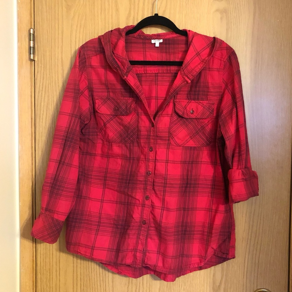 ✨2/$15-Kismet Red Plaid Button Up w. Hood - Picture 4 of 8